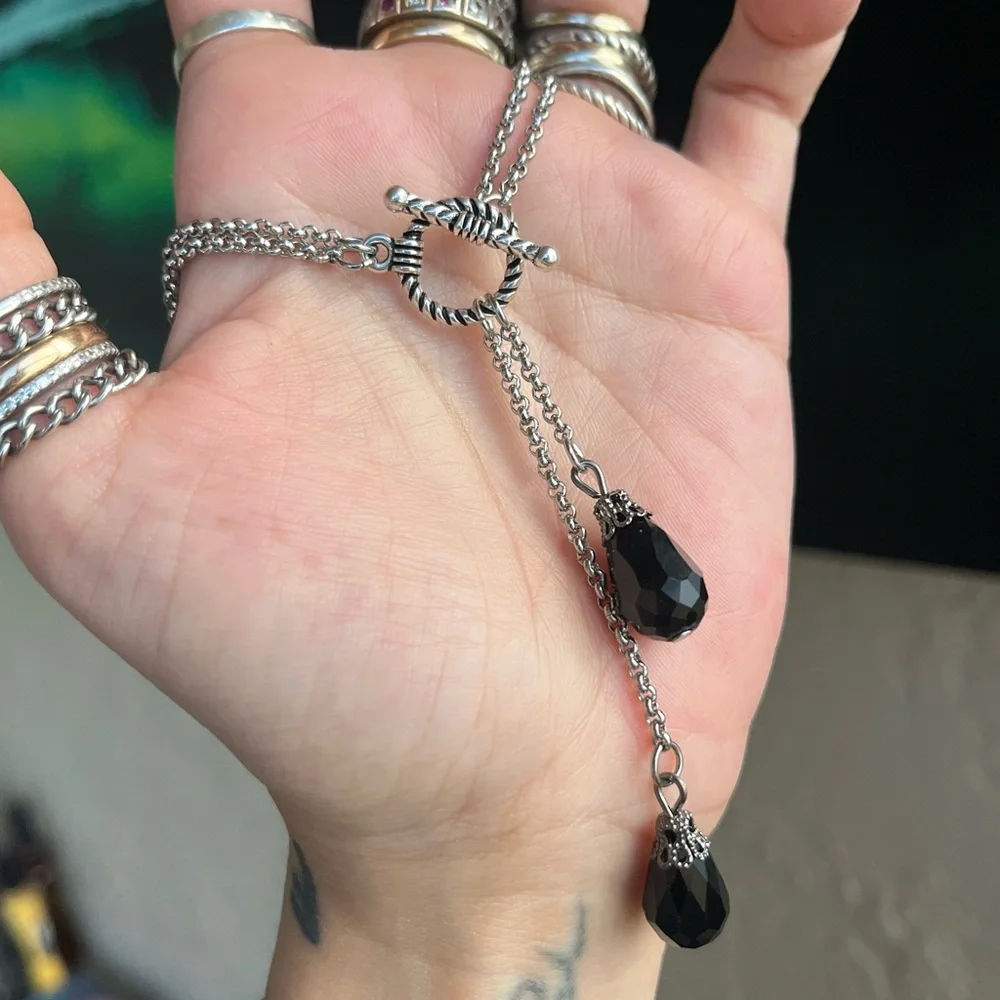 Y shape lariat double chain necklace Set black crystals ( necklace + earrings )_9